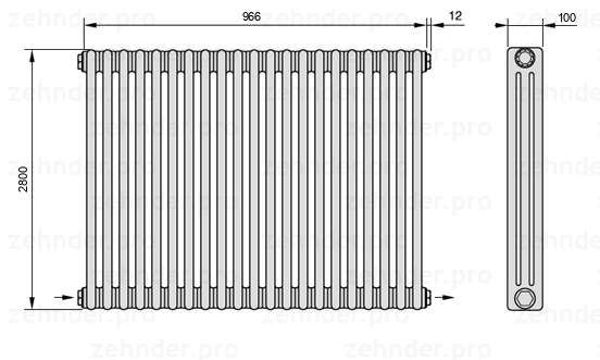 Схема (чертеж) Радиатор Zehnder Charleston 3280/21 №2670 Белый глянцевый RAL 9016